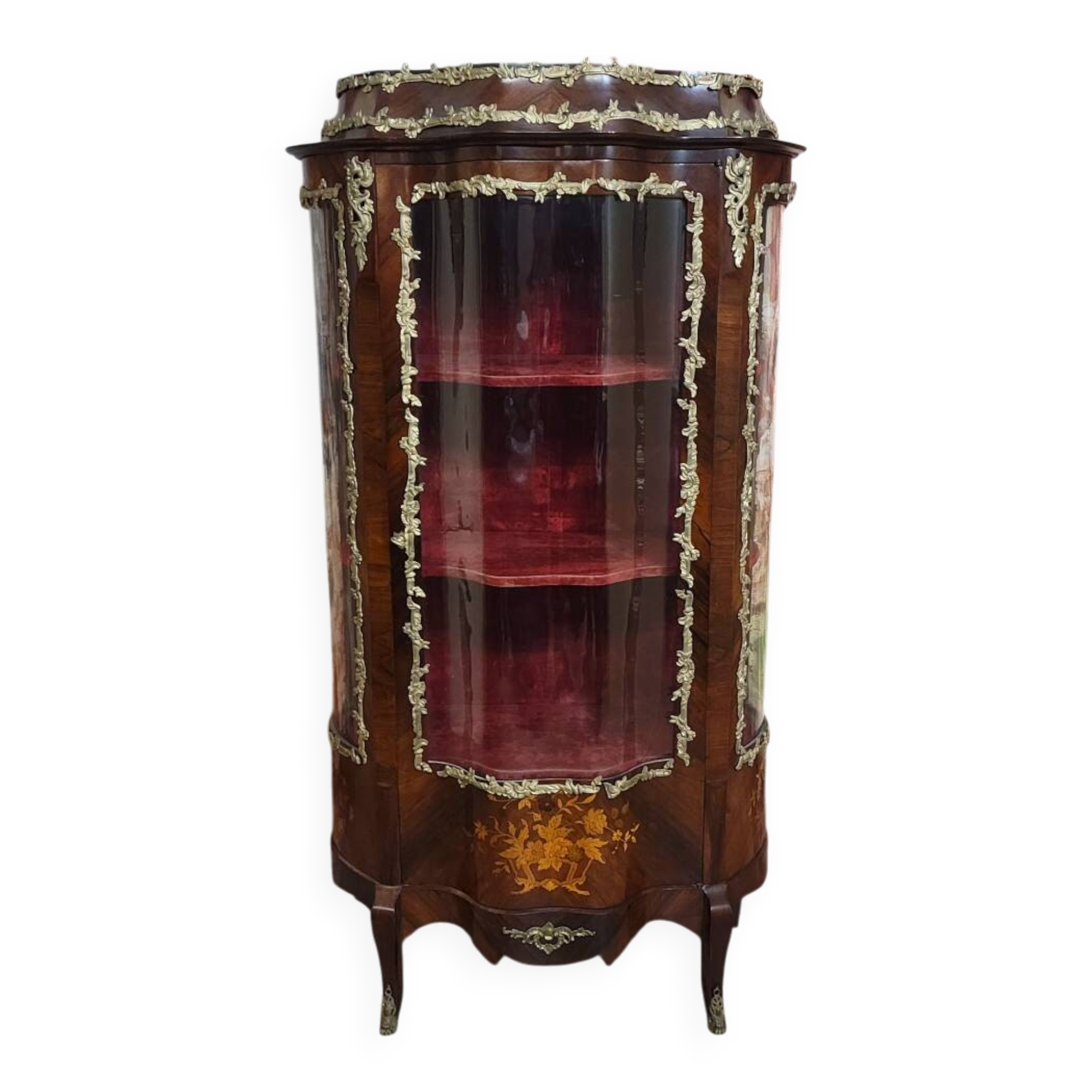 Vitrine galbée style Louis XV en marquéterie de bois précieux et bronzes do