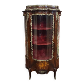 Curved display cabinet in Louis XV style with marquetry of precious woods and bronze.