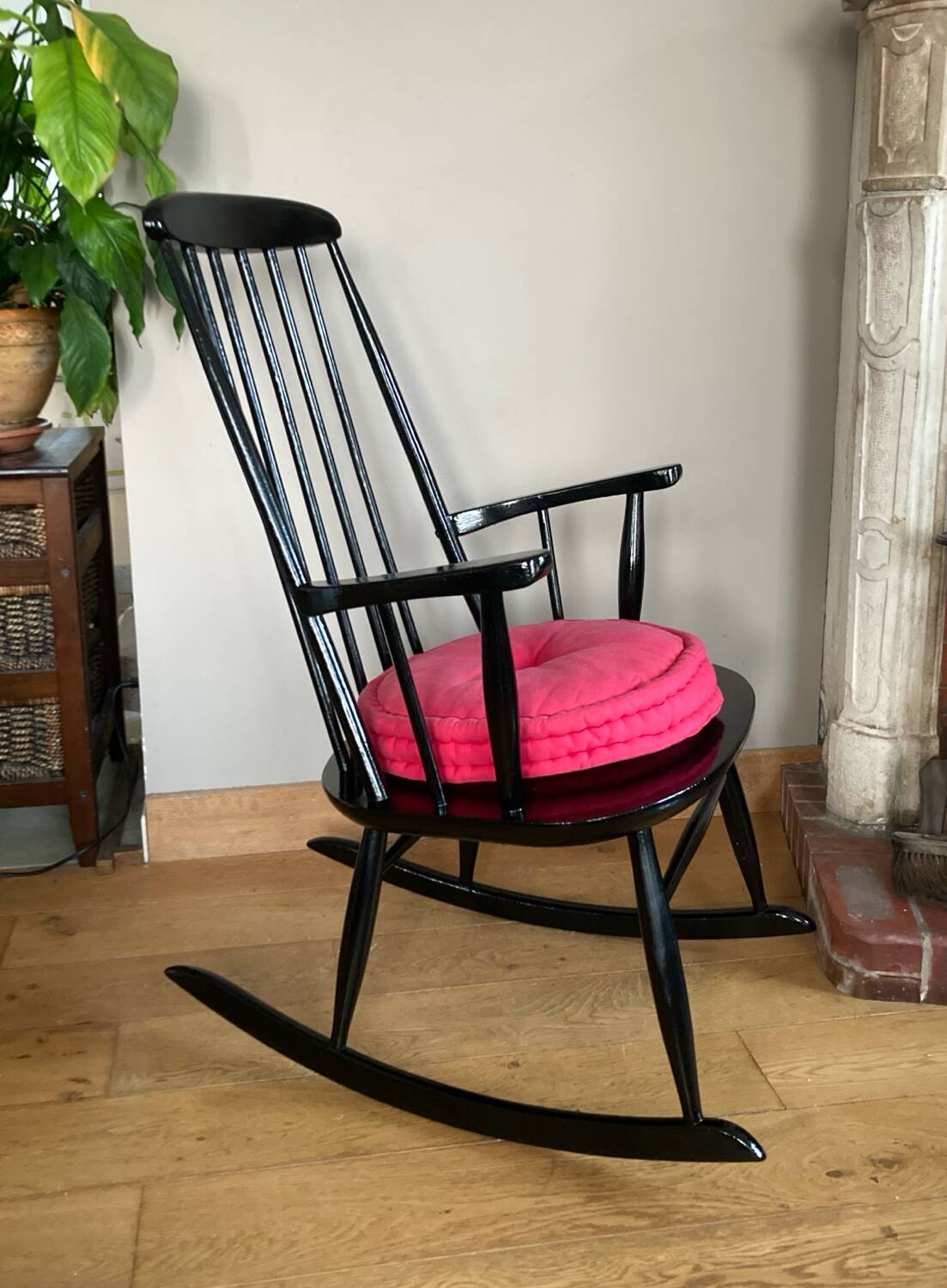 Vintage Scandinavian rocking chair in blackened wood from the 1970s