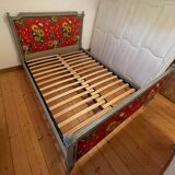 Old Louis XVI style double bed in wood and fabric with slatted base