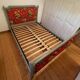 Old Louis XVI style double bed in wood and fabric with slatted base