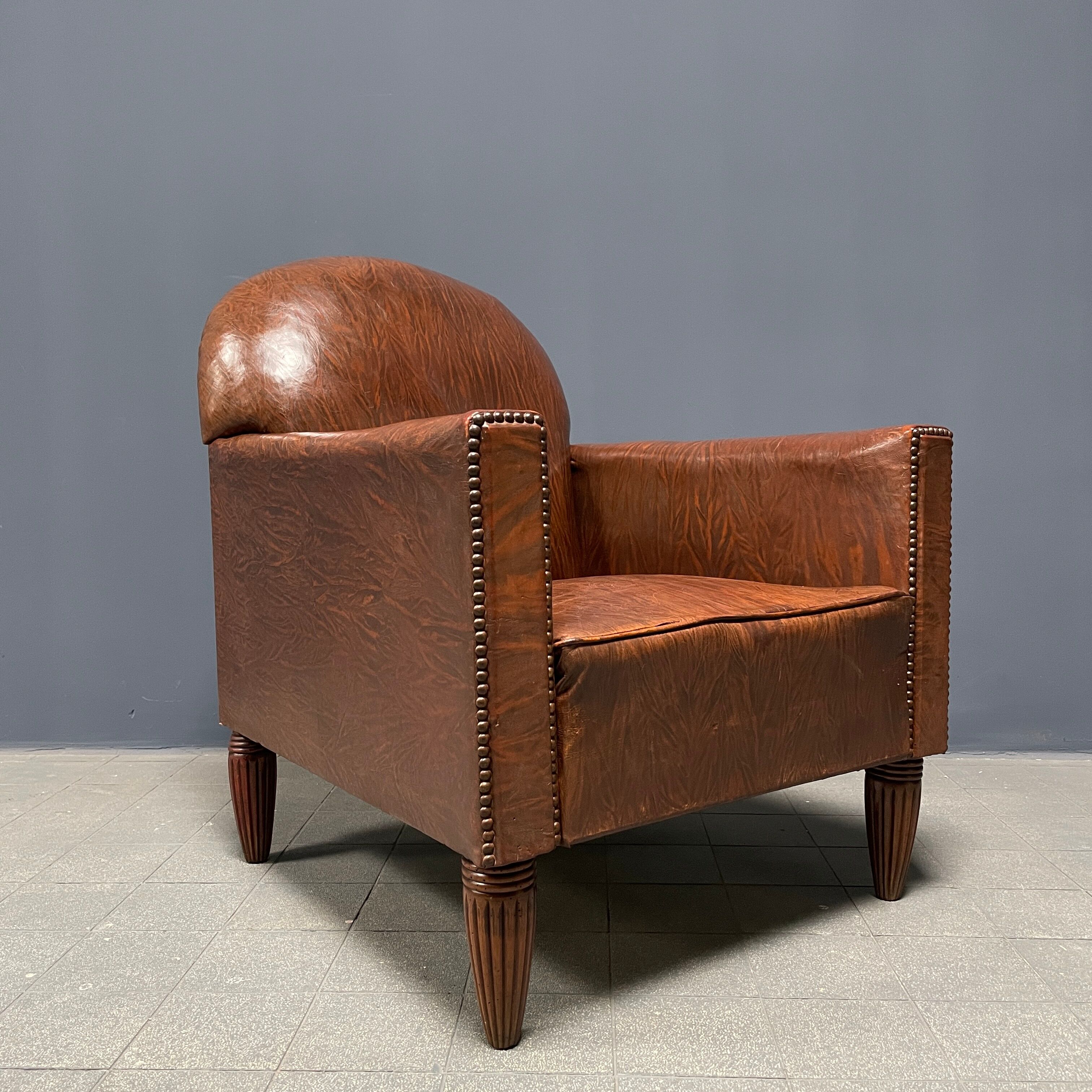 Leather art deco club chair from france, early 1900