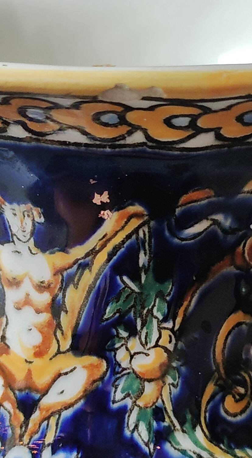 Twisted design vase. Signed Gien France/Renaissance blue background 26 x 13cm