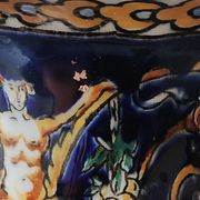 Twisted design vase. Signed Gien France/Renaissance blue background 26 x 13cm