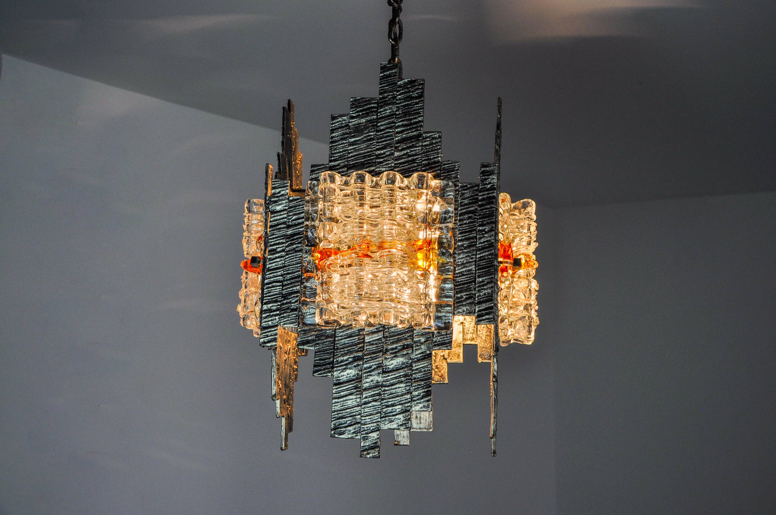 Lustre brutaliste par Albano Poli pour Poliarte en verre de Murano orange, Italie 1970