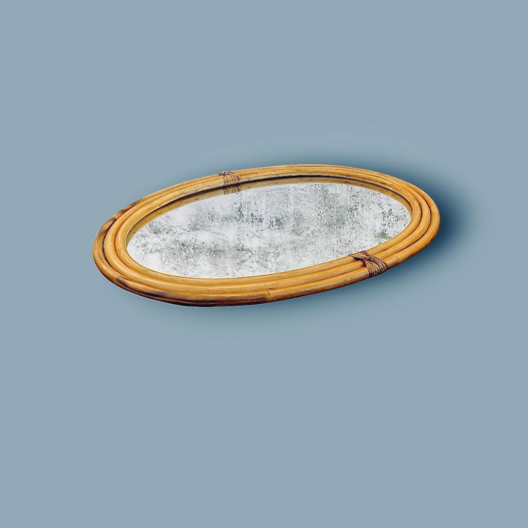 Large oval wall mirror in bamboo – bohemian chic style – 1960s–1970s