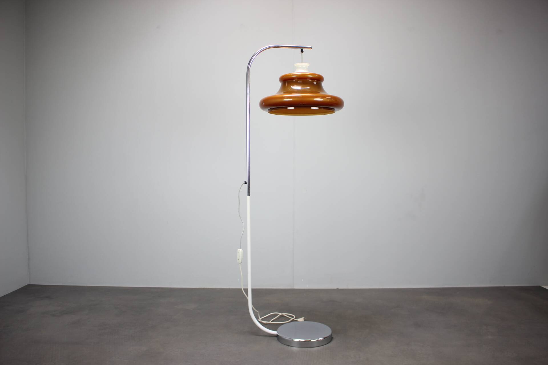 1970s Hungarian space age floor lamp in orange plastic and chrome.