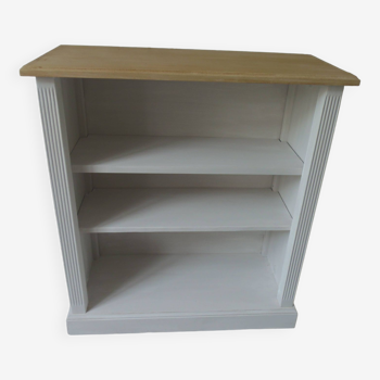 Re-enchanted bookcase in pearl gray, light oak waxed top.