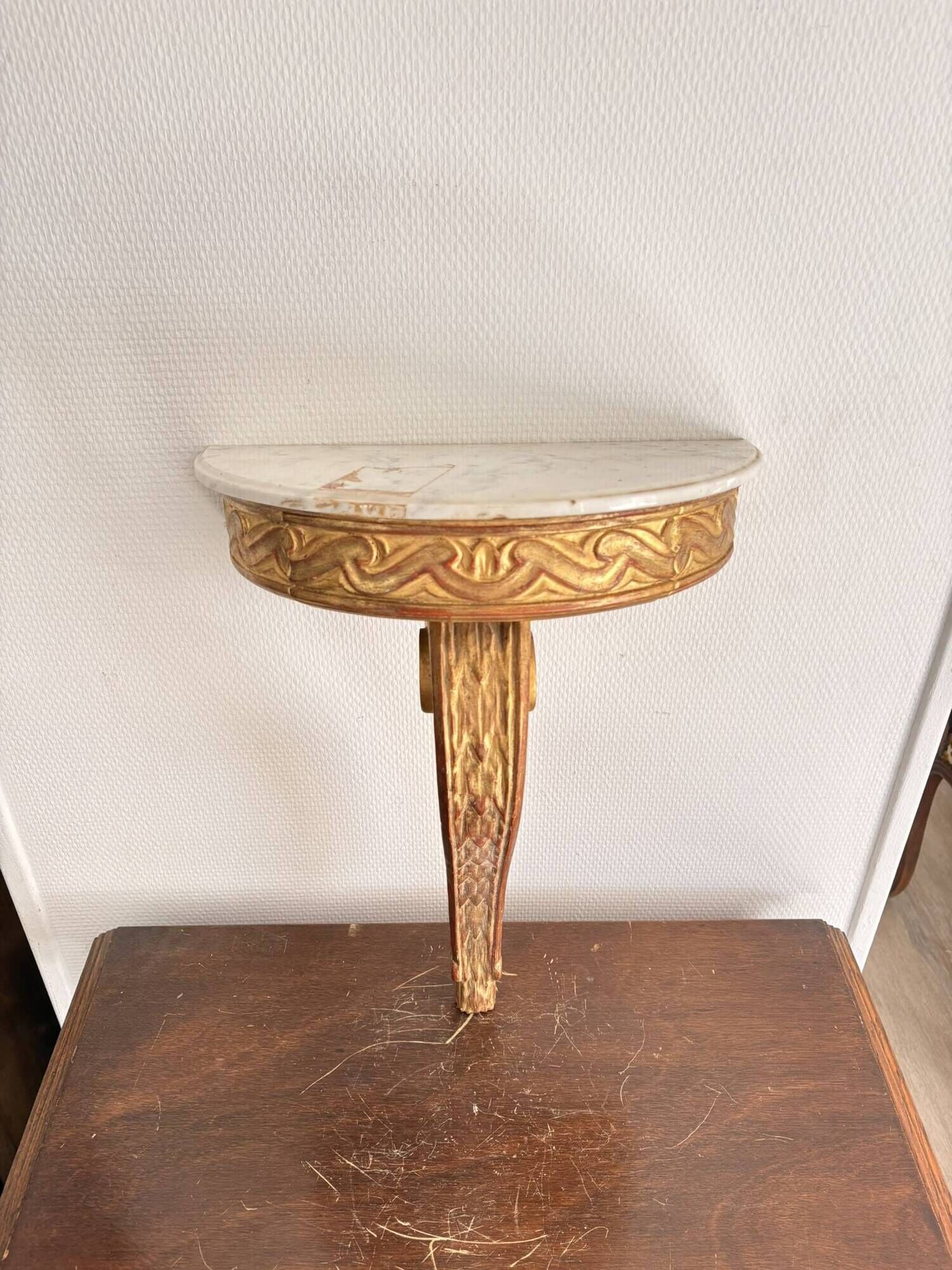 Console Demi Lune Gold Wood White Carrara Marble Louis XVI Classic Style