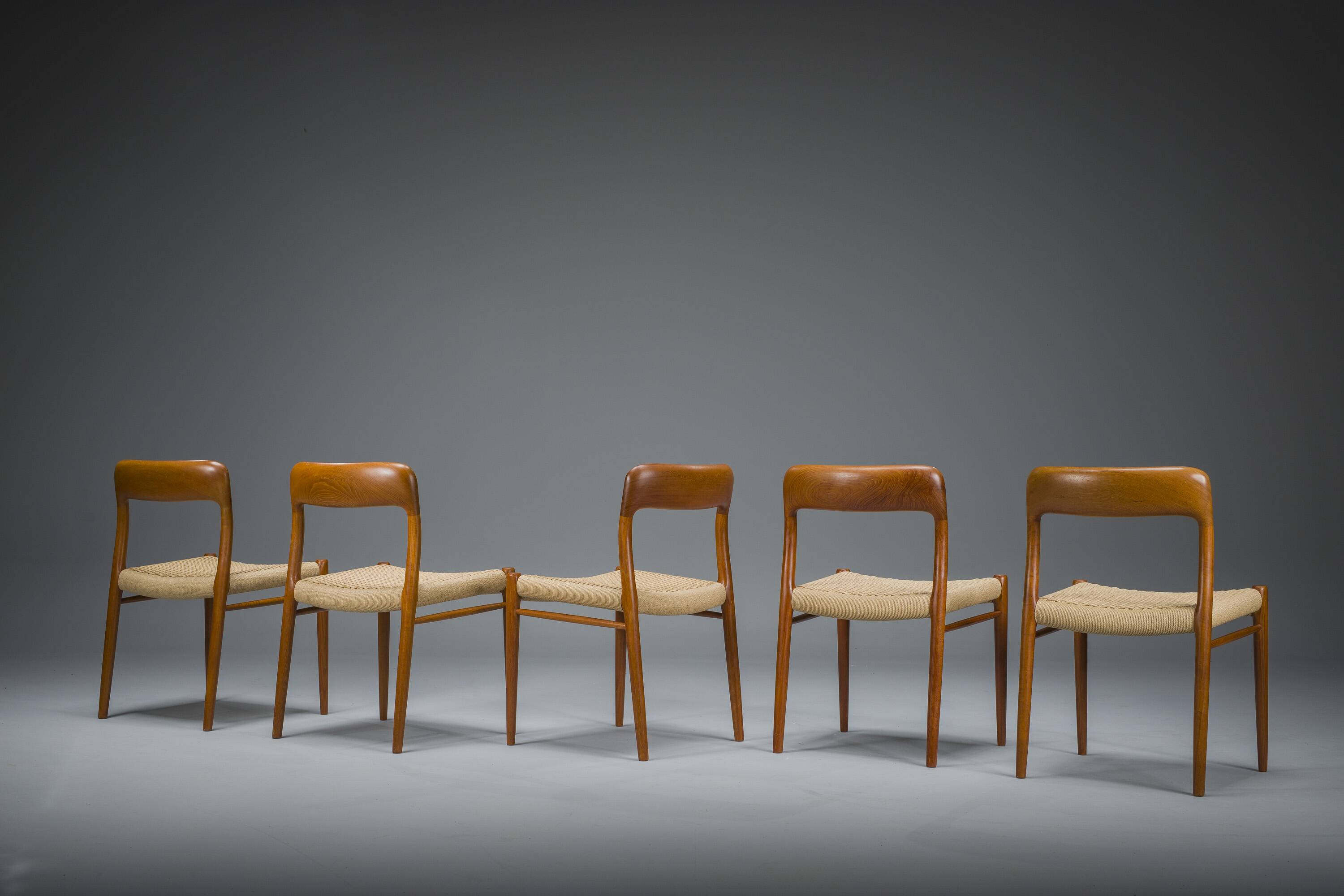 Danish Teak Mod. 77 Dining Chairs with Paper Cord by Niels O. Møller for JL Møllers, 1959, Set of