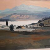 Oil on canvas mist over the mountains of Crete Greece