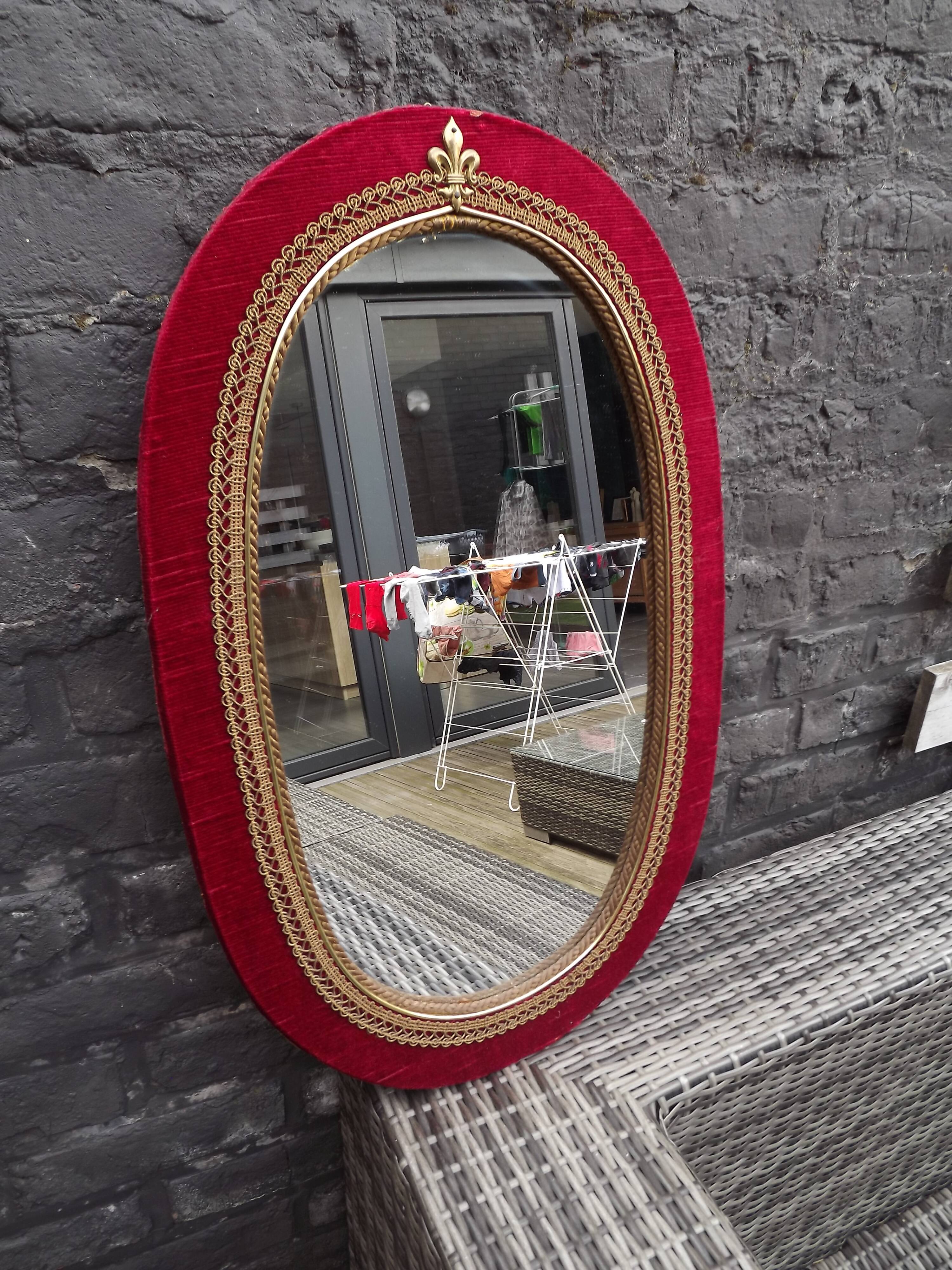 60's vintage wooden frame mirror with red velvet