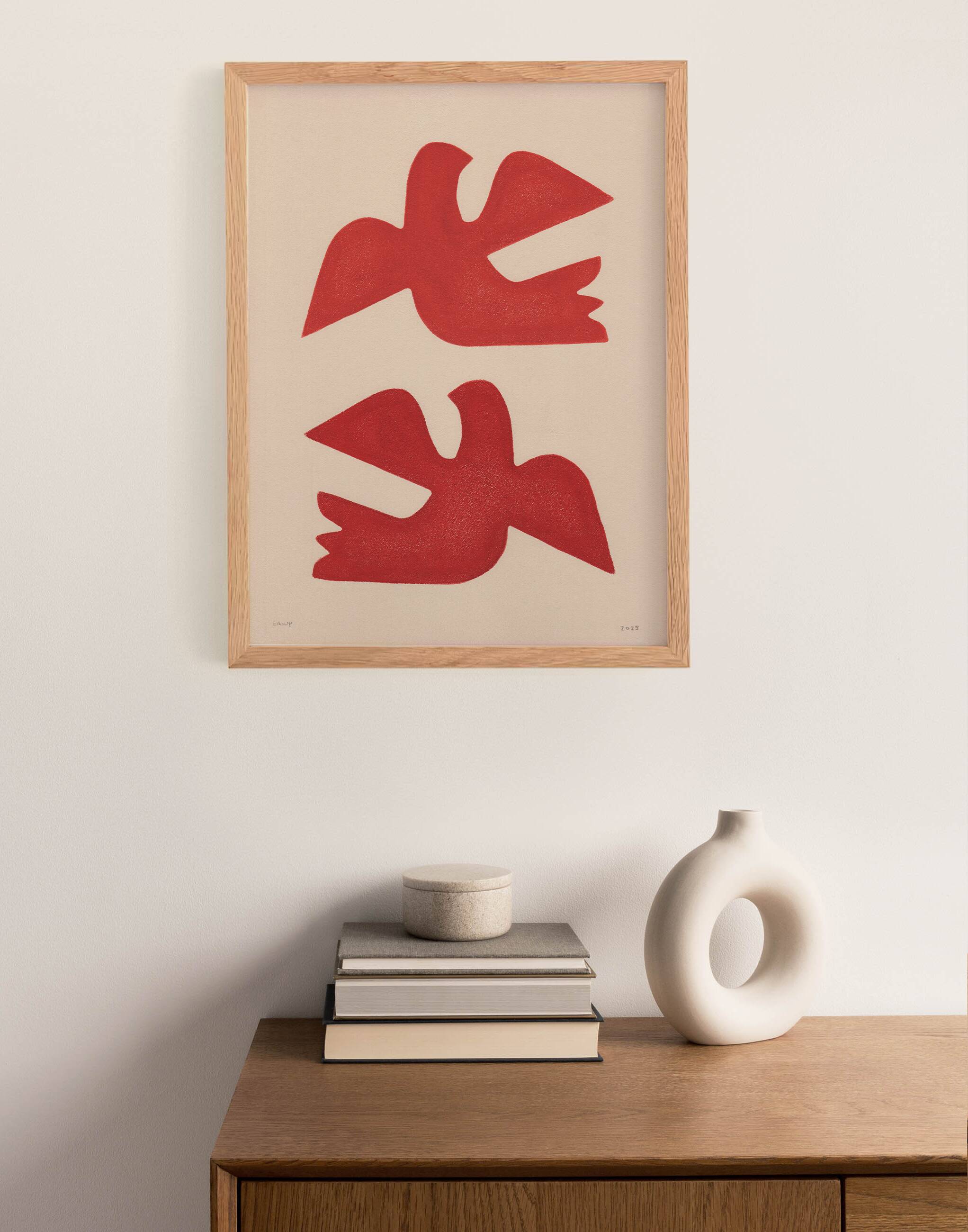 Painting of birds 30x40cm red on paper signed Eawy