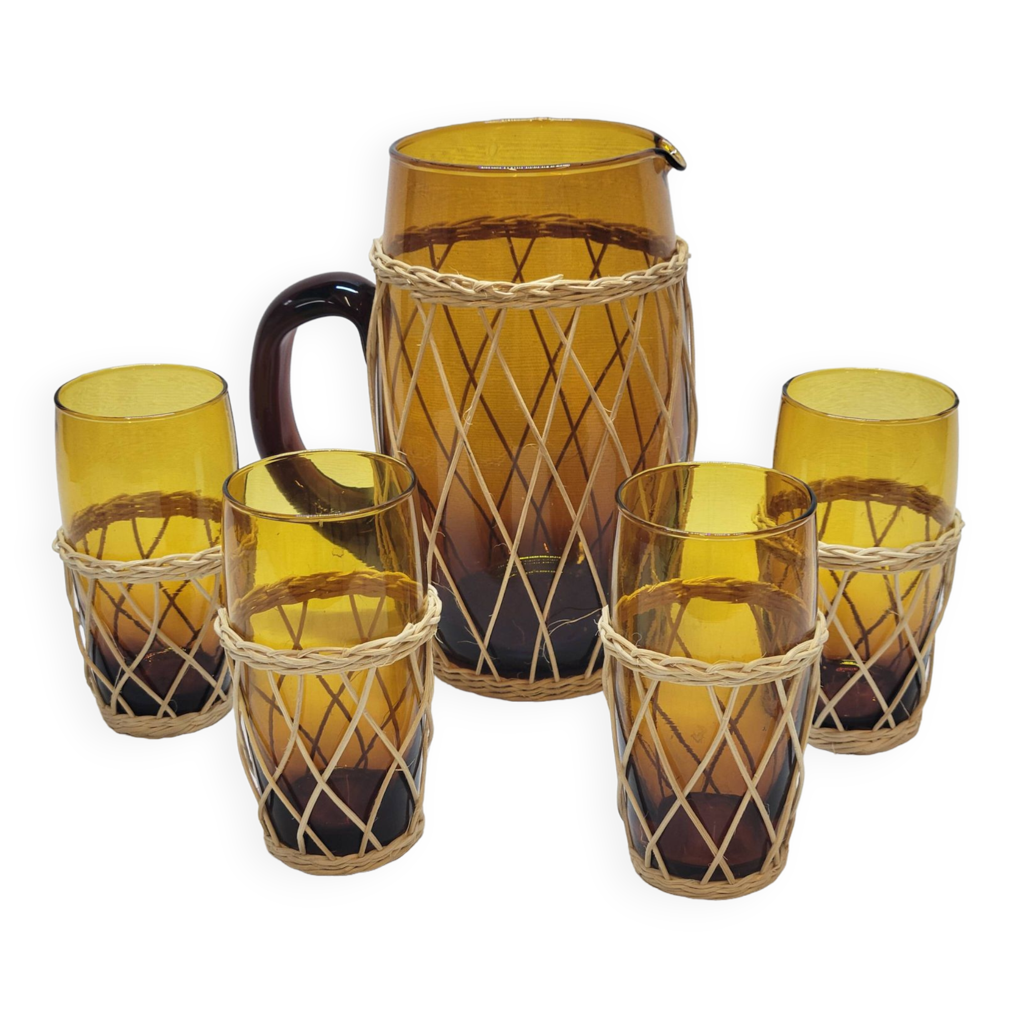 Vintage orangeade service in amber blown glass and wicker