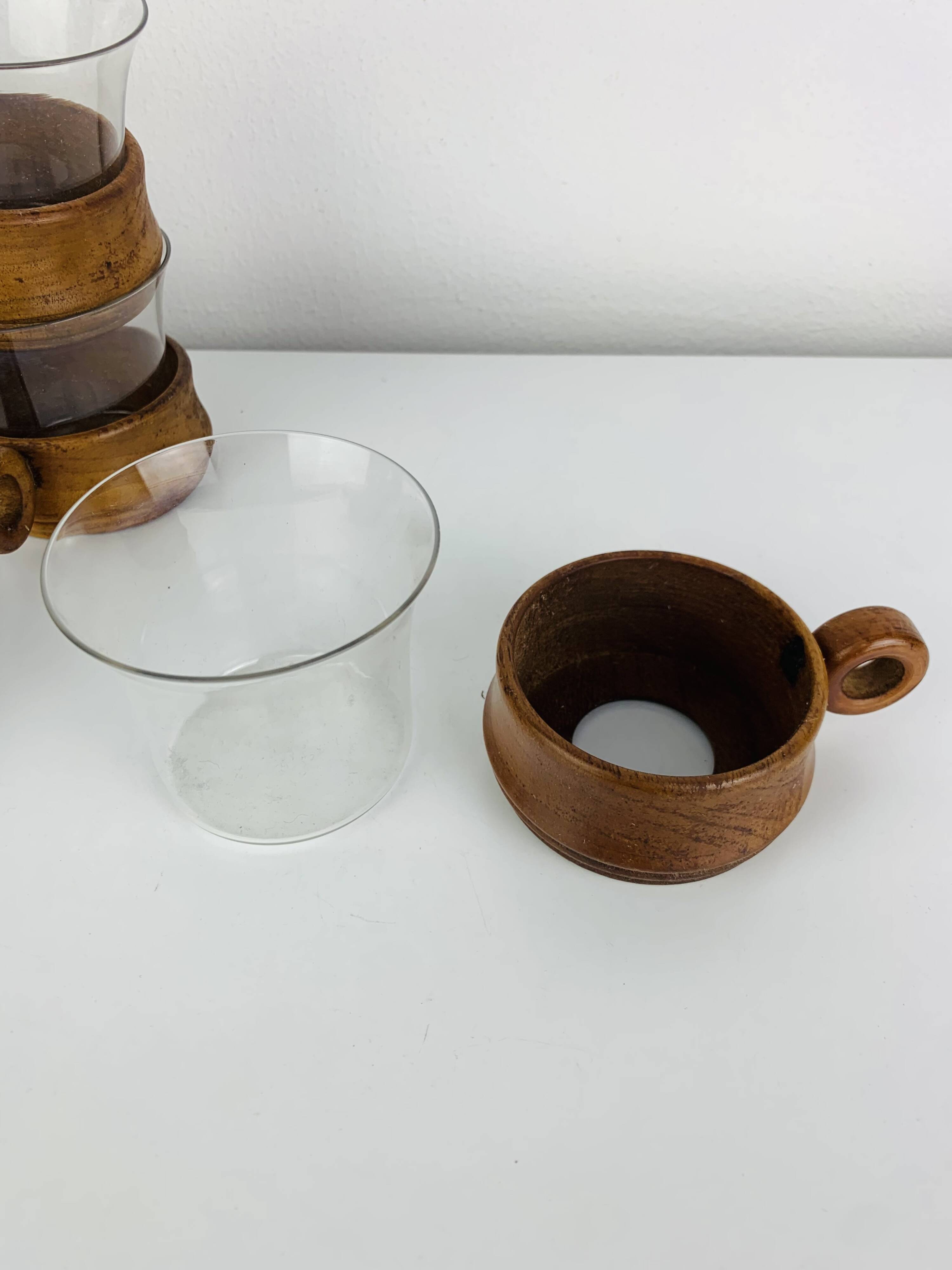 6 glass and teak cups in Scandinavian style, 1960s