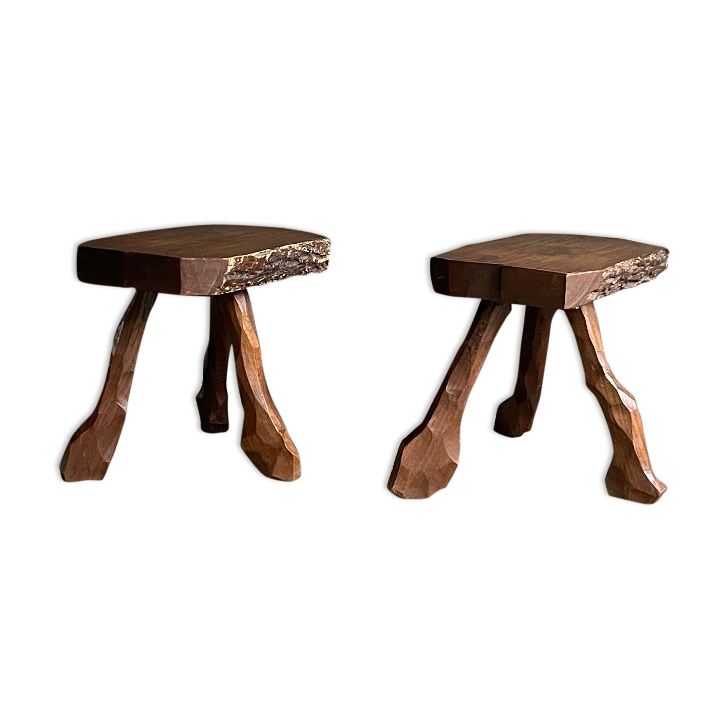 Pair of tripod stools in solid oak, France 1940s