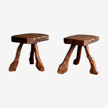Pair of tripod stools in solid oak, France 1940s