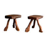 Pair of tripod stools in solid oak, France 1940s