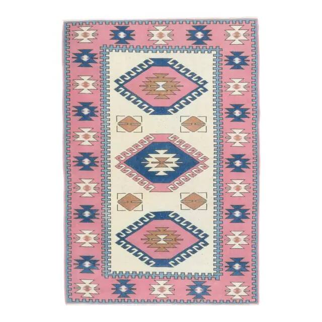 1970s Vintage Turkish Hand-Knotted Wool Cotton Pink Area Rug 120x176