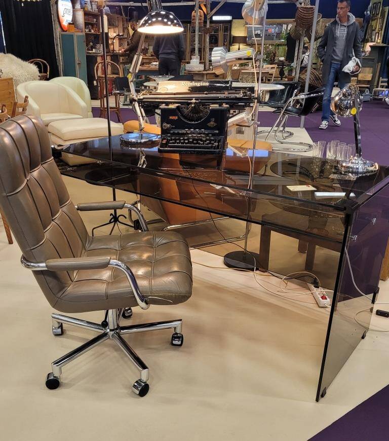 Smoked glass and metal desk, 1970s.