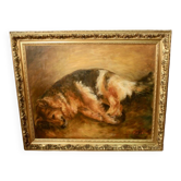 Huile sur toile "Chien au repos" encadrée et signée