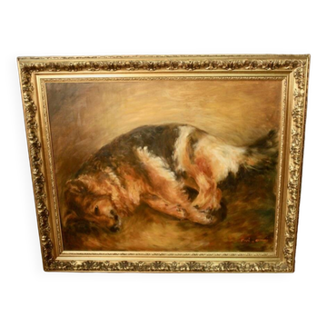 Oil on canvas "Dog resting" framed and signed