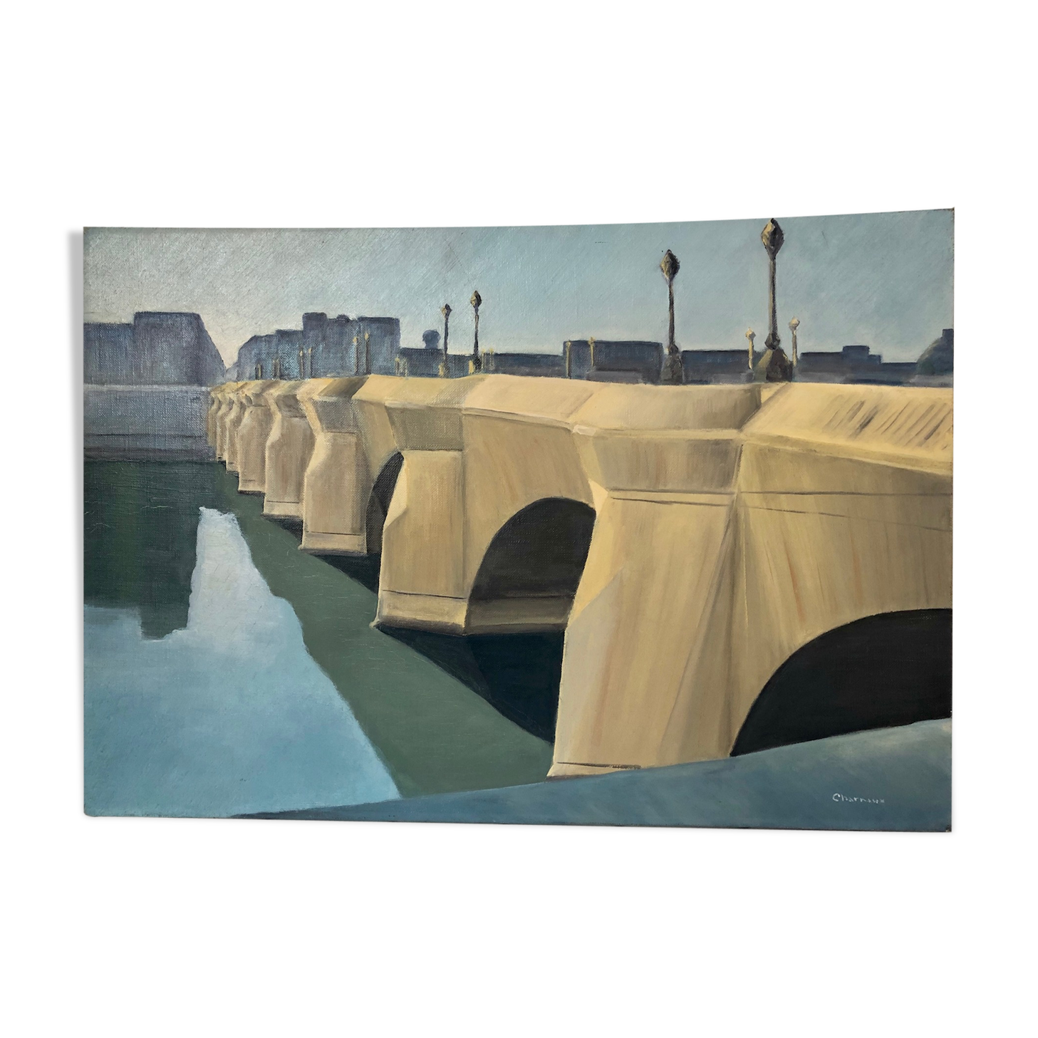 Oil on canvas, "The New Bridge packaged by Christo ", by Charnaux, XXth