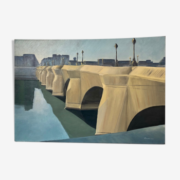 Huile sur toile, " Le Pont Neuf emballé par Christo ", signée Charnaux, XXème
