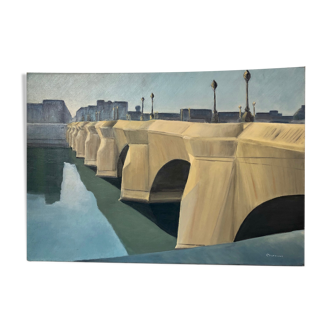 Oil on canvas, "The New Bridge packaged by Christo ", by Charnaux, XXth