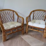 Vintage - lot de 2 fauteuils en bambou et rotin tressé avec coussins- couleur naturel - Années 80