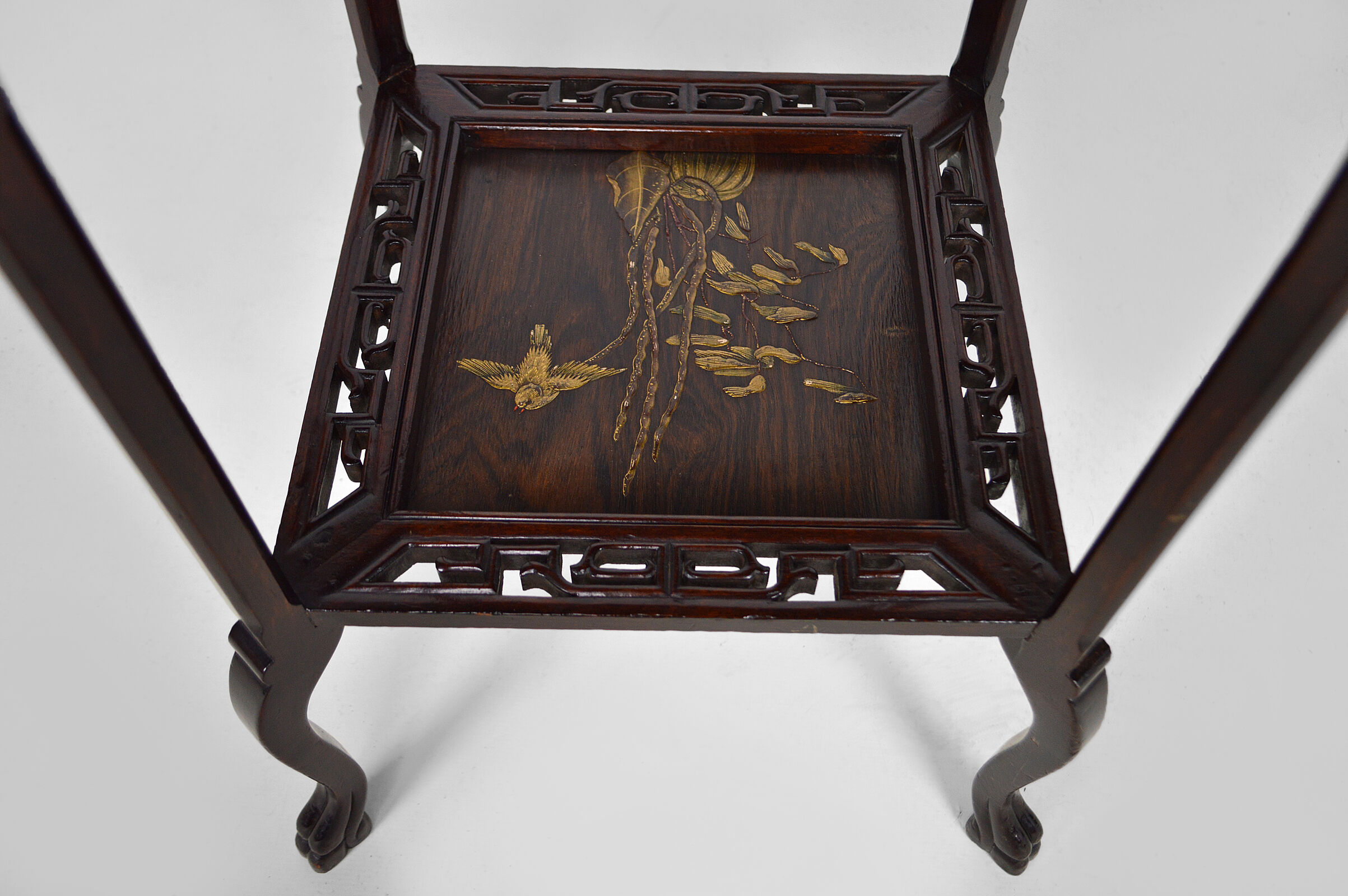 Japanese pedestal table in carved wood and lacquered panels, France, circa 1880