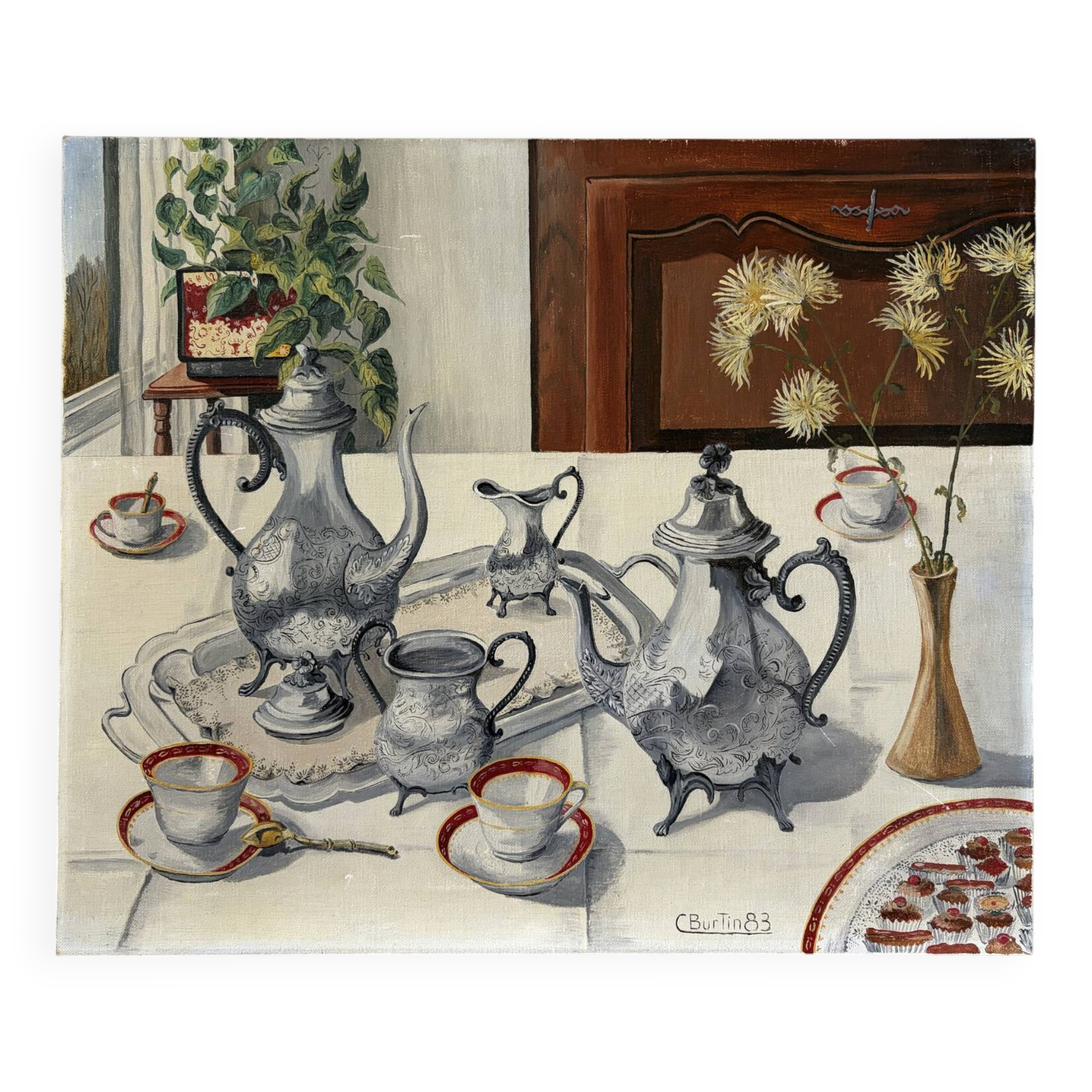 The silverware, still life, oil on canvas signed Burton 1983.