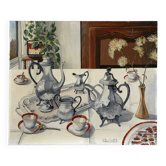L’argenterie, nature morte, huile sur toile signée Burton 1983