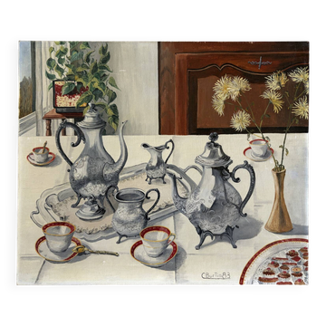 The silverware, still life, oil on canvas signed Burton 1983.