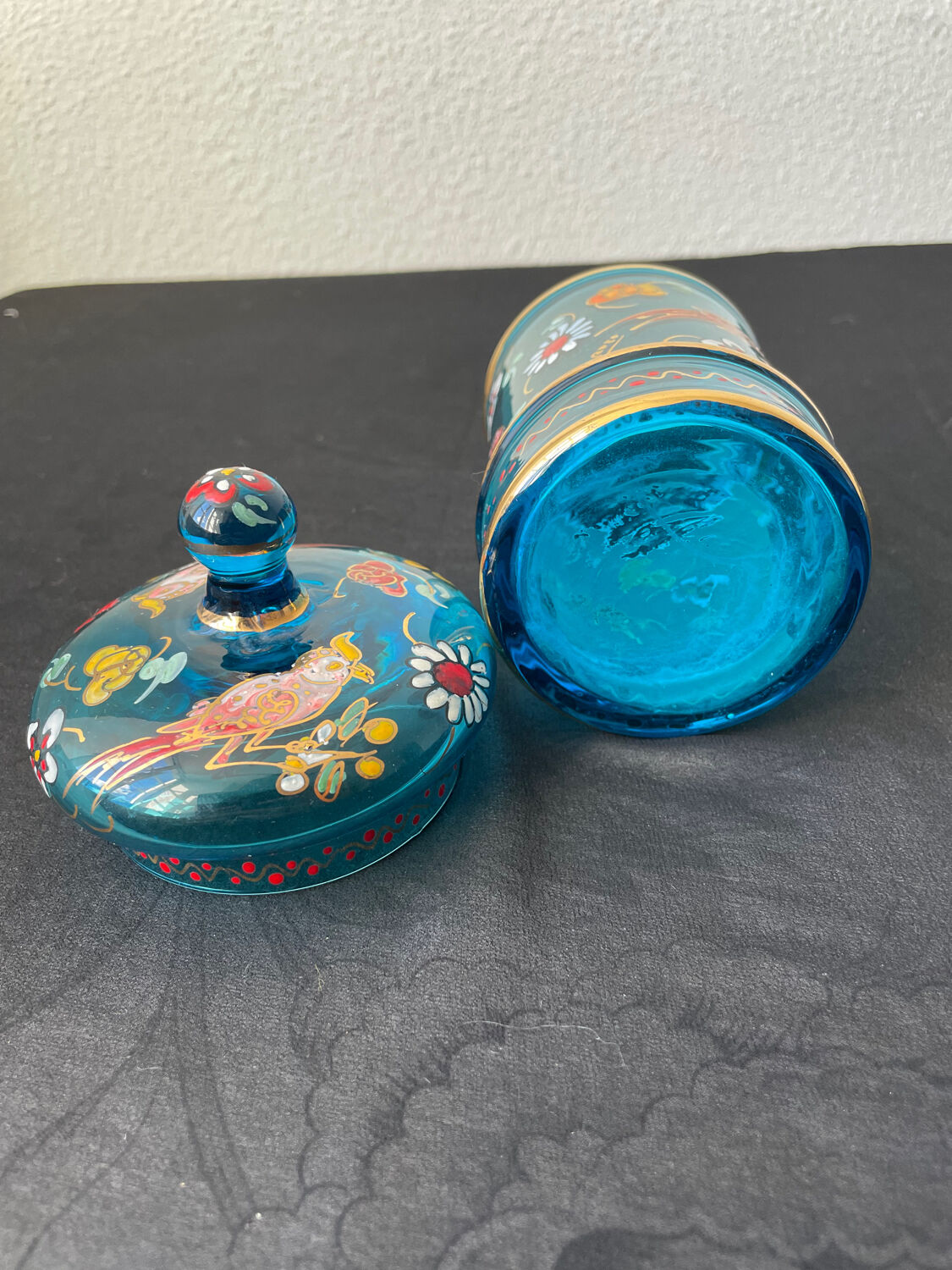 Hand-painted blue glass pot flowers and birds