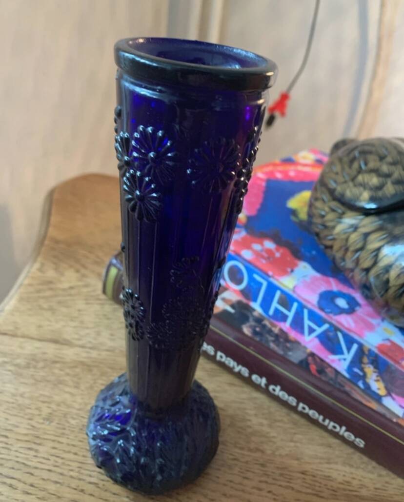 2 vintage cobalt blue pressed glass vases