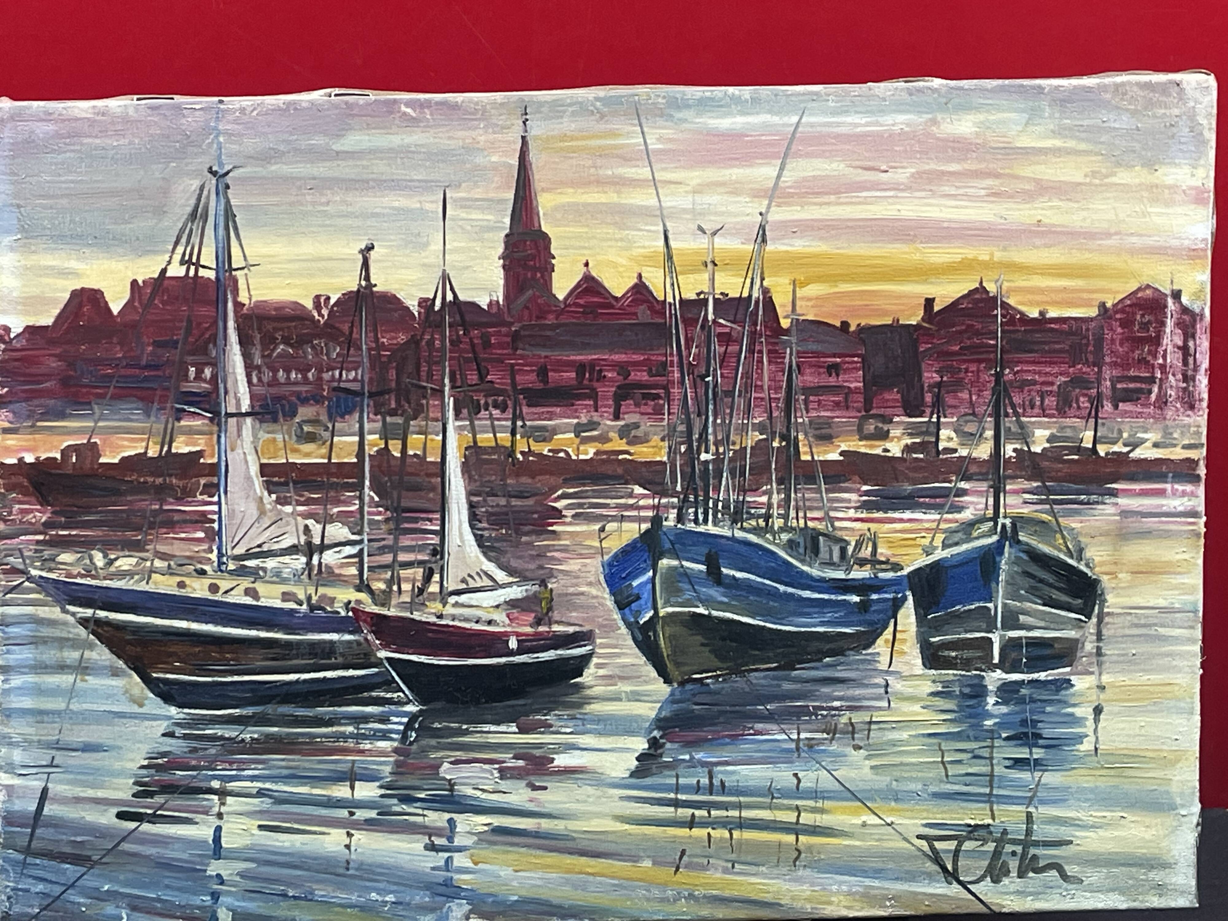 Painting Oil on canvas, Marine, Boat at anchor signature to identify