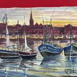 Painting Oil on canvas, Marine, Boat at anchor signature to identify