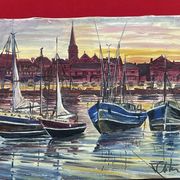 Painting Oil on canvas, Marine, Boat at anchor signature to identify