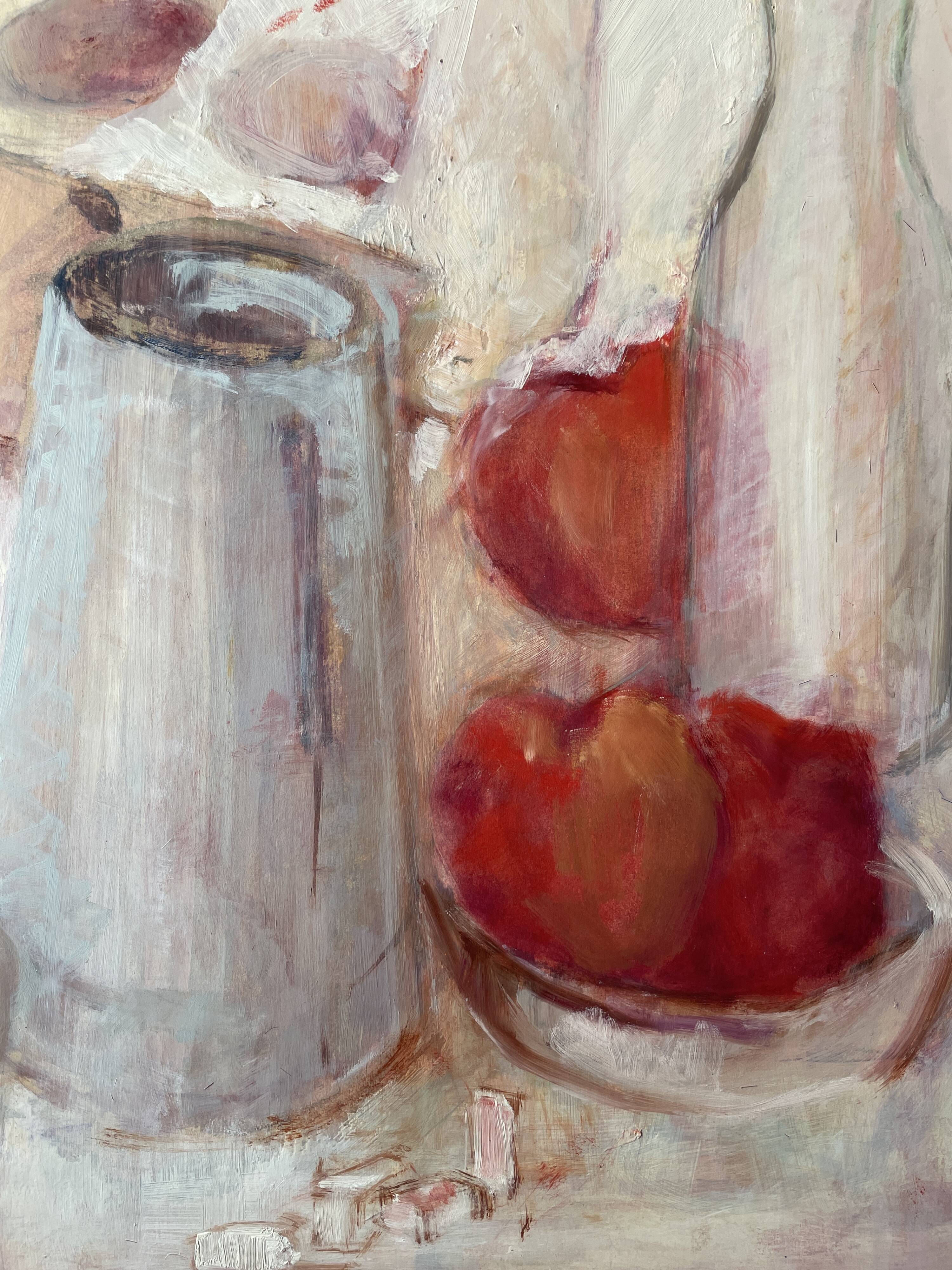 Still life "Red apples and blue pitcher" oil on cardboard