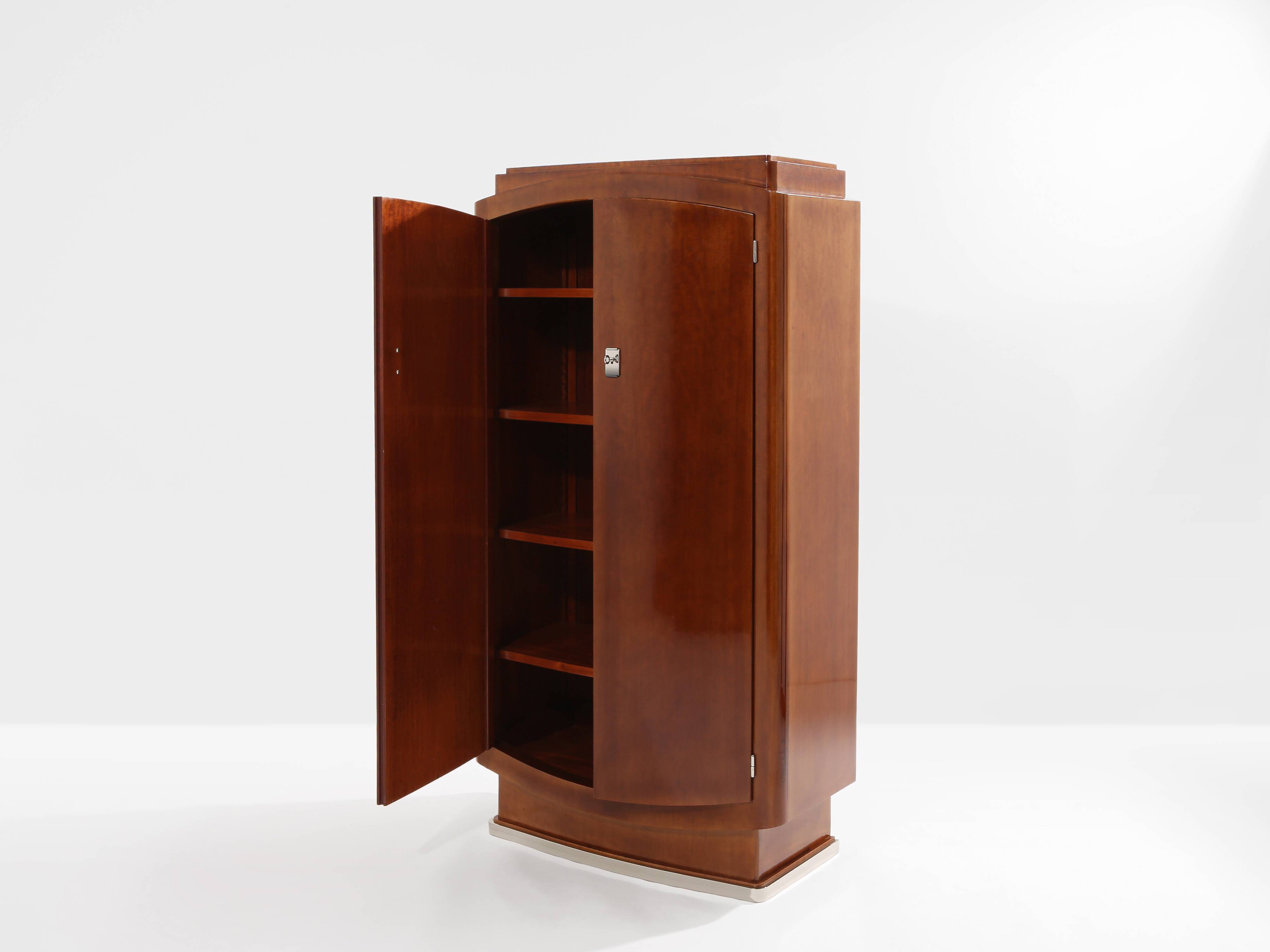 Jules Leleu cabinet in flame mahogany and nickel metal 1930