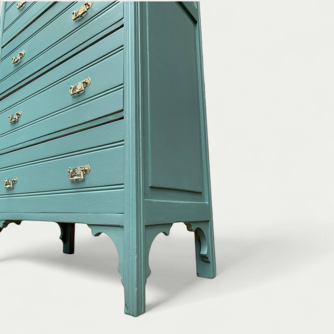 Old grey green high chest of drawers H160