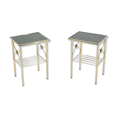 Paire bouts de canapé métal doré verre opalin noir 1960