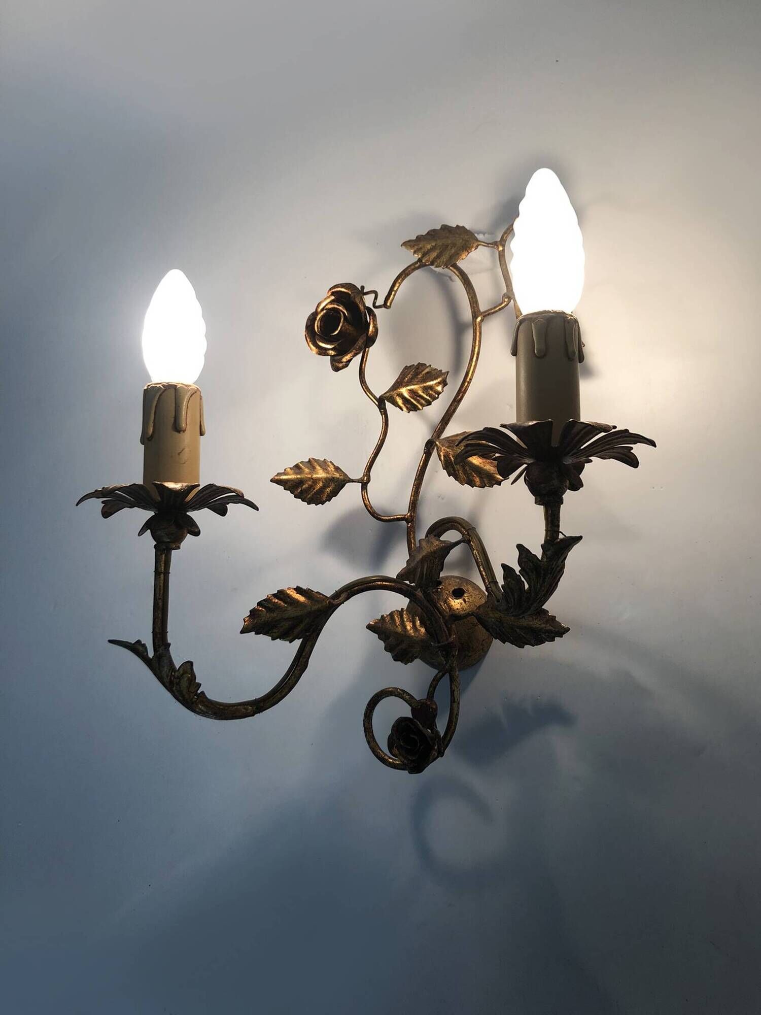 Pair of vintage wall lights with gold metal foliage flowers, 1960s
