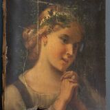 Oil on canvas portrait of young girl with plant crown 19th century