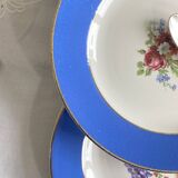 6 antique blue ceramic dessert plates with flowers and gilding from Saint Amand Hamage.