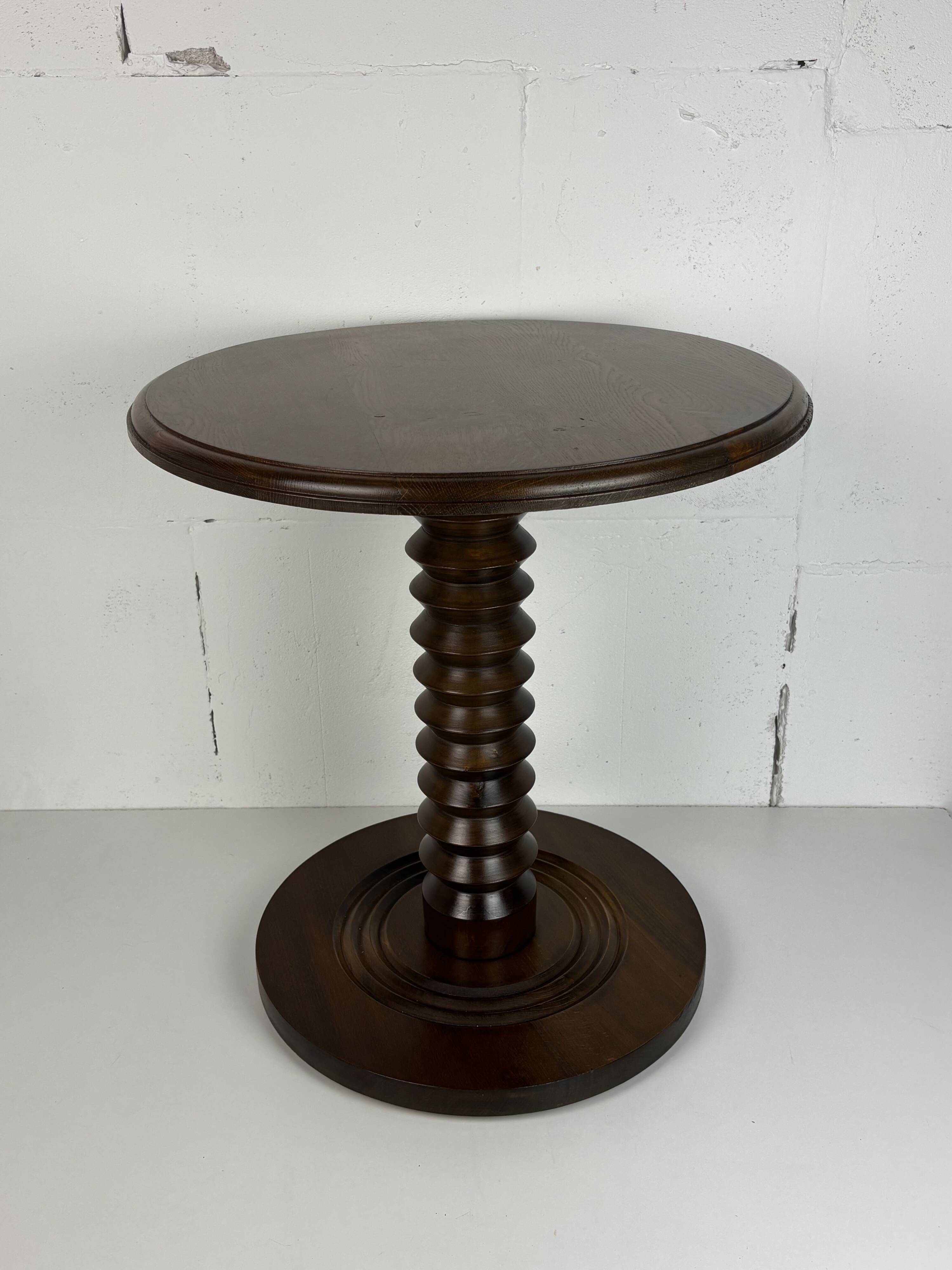 Brutalist Wood Turned Press Side Table in the style of Charles Dudouyt