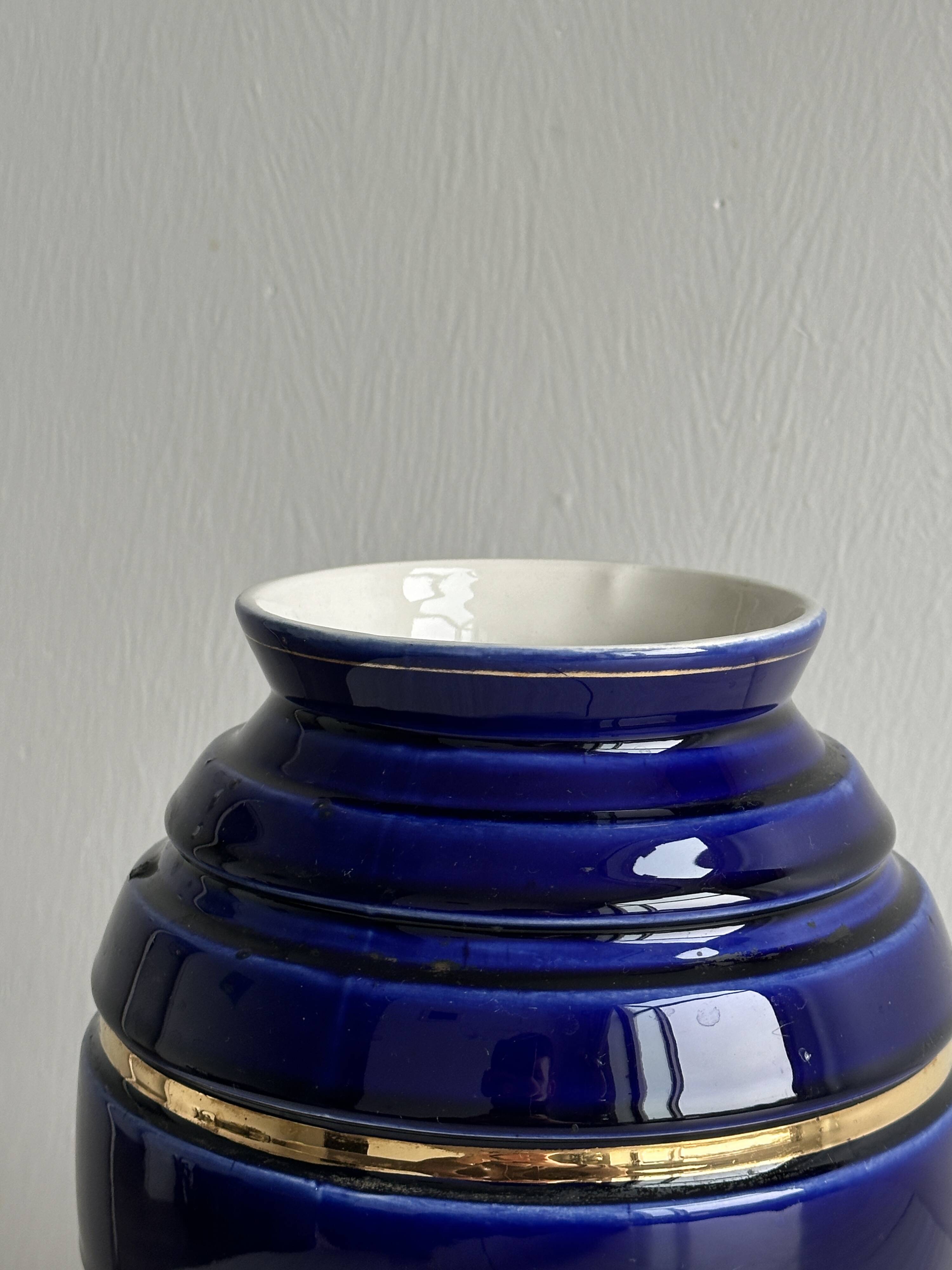 Vintage vase in shiny cobalt blue ceramic, gold edging