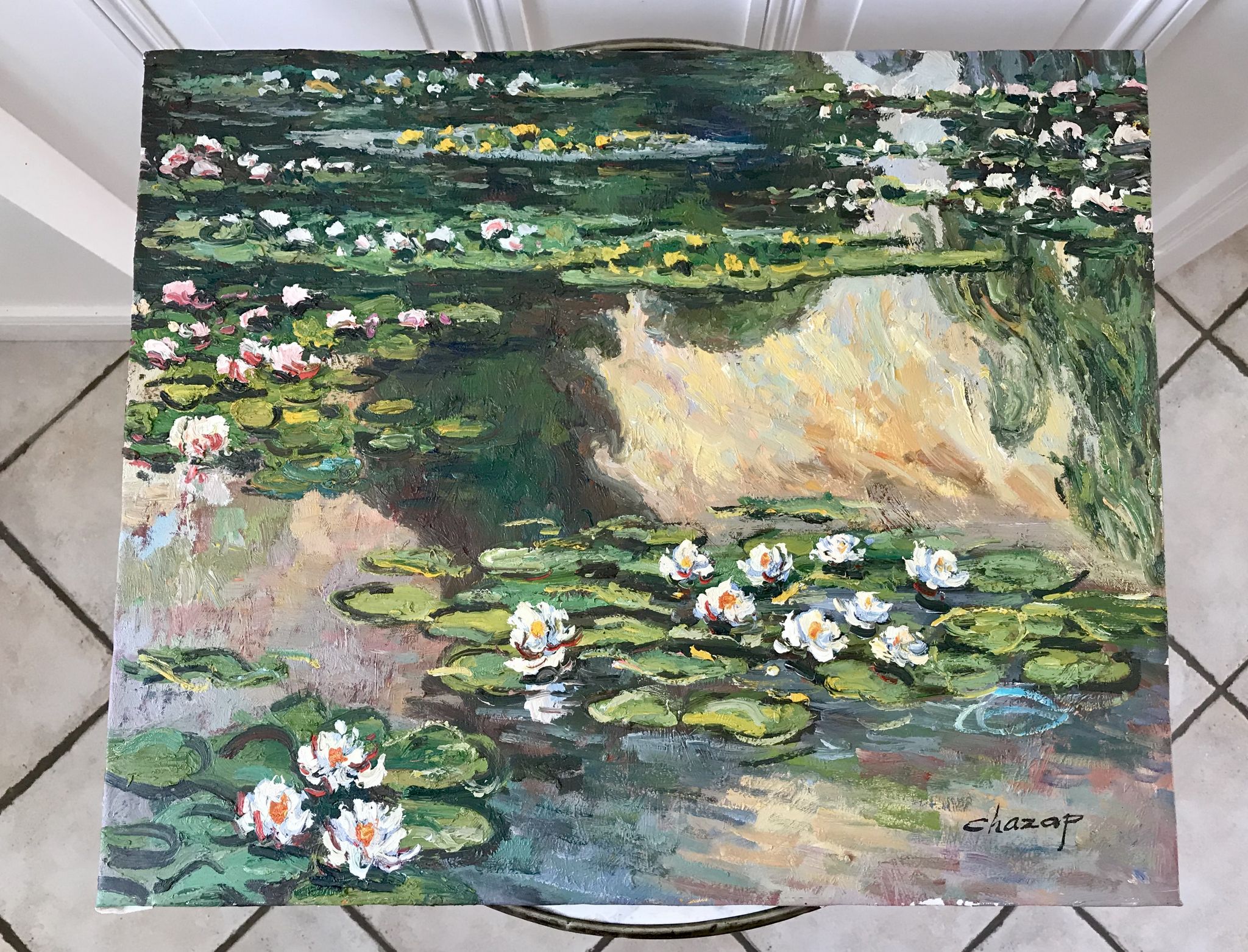 Oil painting on canvas water lilies nymlies signed chazap years 40-50