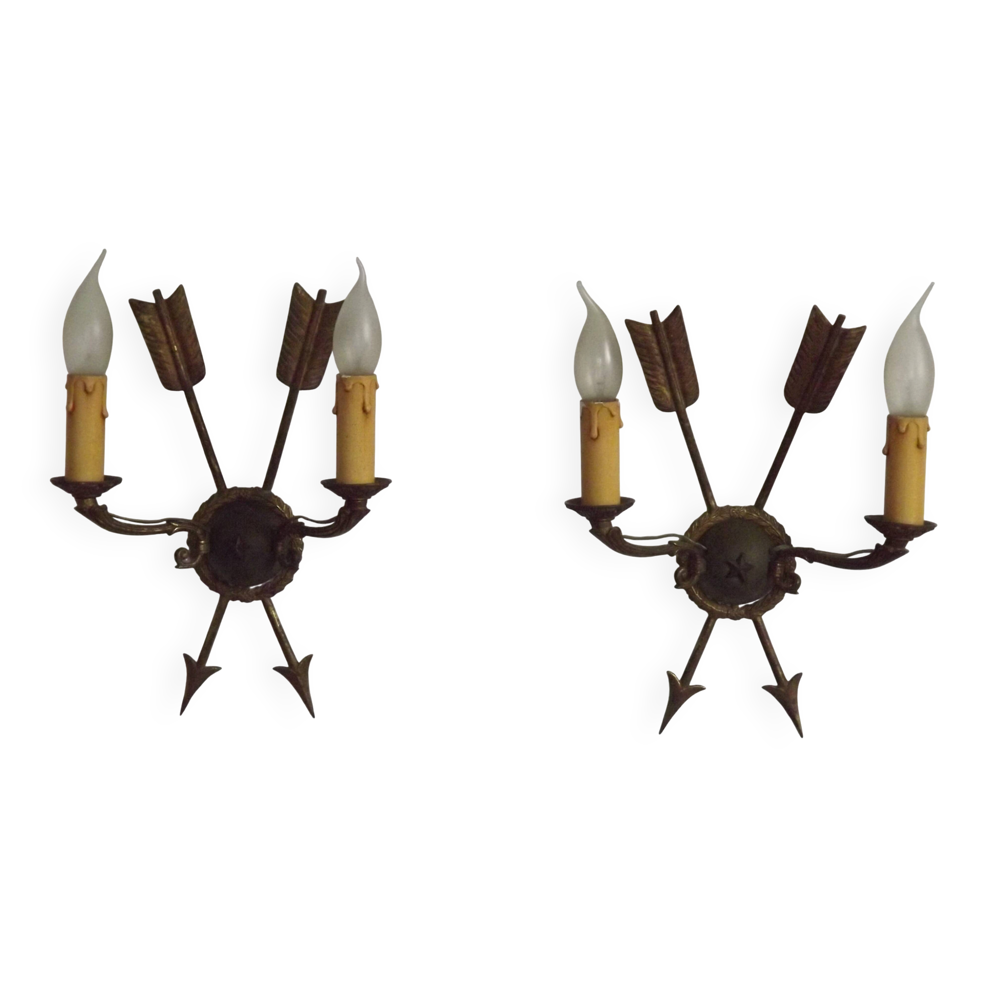 French Vintage Bronze Empire Arrow & Quiver Criss Cross Double Wall Sconces